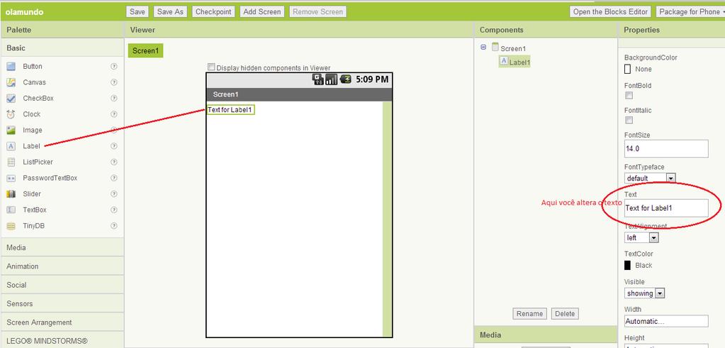 Próximos Passos: 5. Clicaremos em cima do item Label (dentro do item Basic, à esquerda) e arrastaremos até a área central da tela (Viewer), que representa a tela do seu aparelho celular.