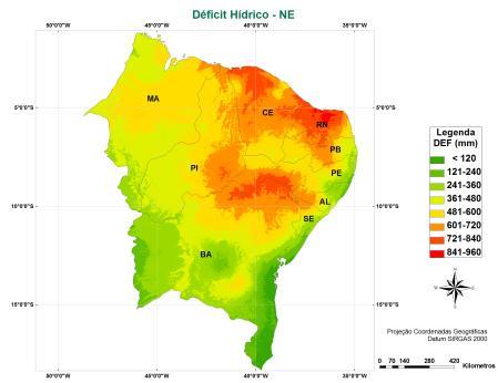 Figura 1 ETP, ETR, DEF e EXC anual normal para a região nordeste A região central da região caracteriza-se como restrita quanto à disponibilidade de água.