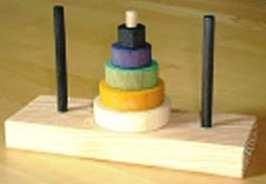 Jogo Hanói: composto por um suporte com 7 peças de 3 cores e tamanhos diferentes.