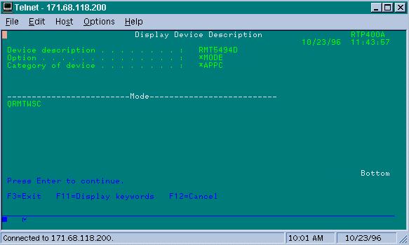 Esta tela mostra que o AS/400 está configurado atualmente para Network ID "NETA, o que significa que o 5494 precisa ser configurado para a mesma rede.