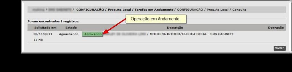 Ao clicar neste link, o sistema exibe uma nova tela com a informação da operação que está sendo executada (aprovando, cancelando, rejeitando ou renovando a