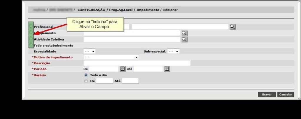 Na tela seguinte, selecione o perfil desejado para a criação do impedimento. Clique na bolinha ao lado de cada nome para ativar o campo e efetue a pesquisa.