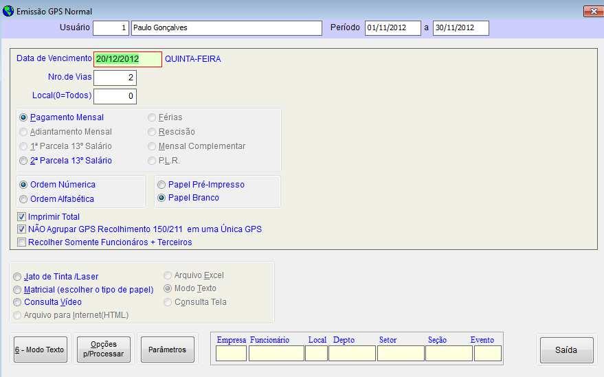 Tela de emissão da GPS Acesse Guias GPS GPS