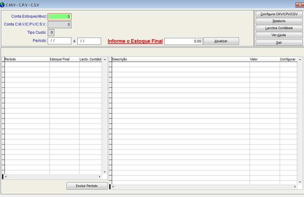 Tela de CMV Custo das Mercadorias