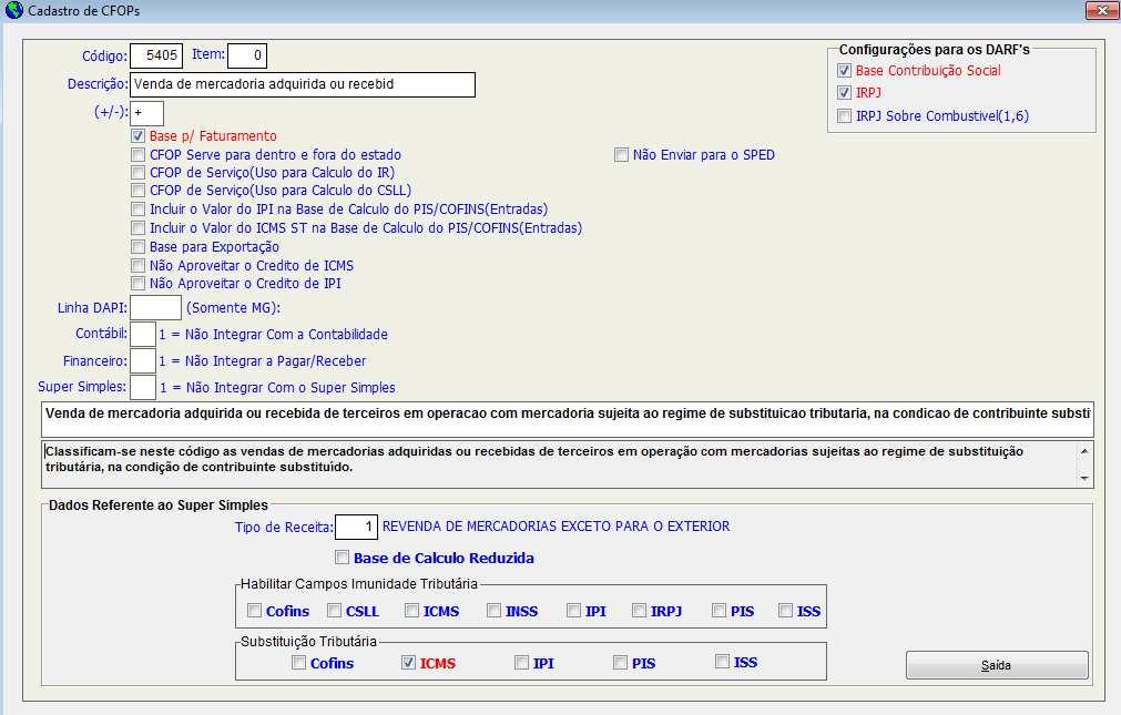 Fiscal Tela Cadastro de CFOP Acessar