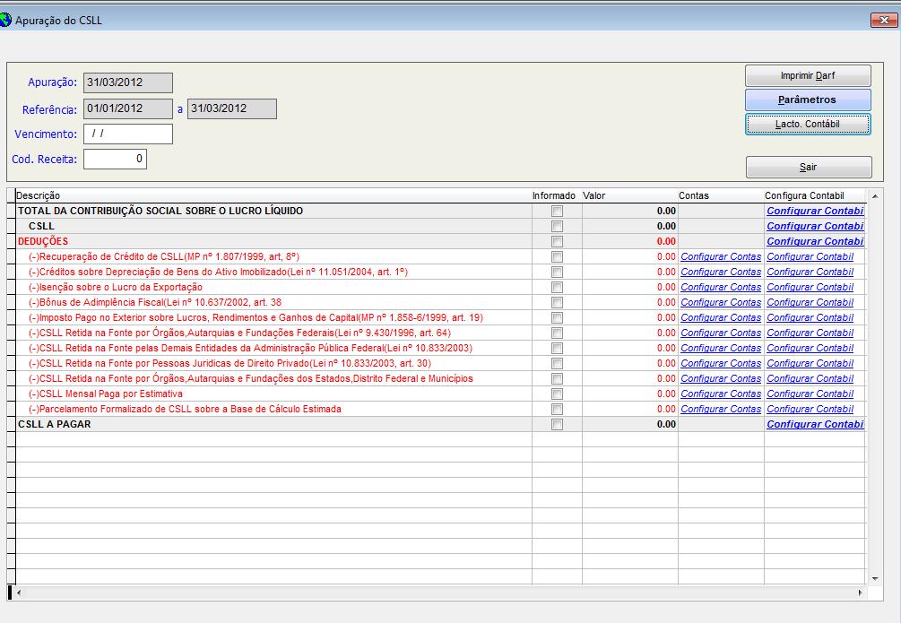 Tela de Apuração do CSLL no LALUR PARTE A