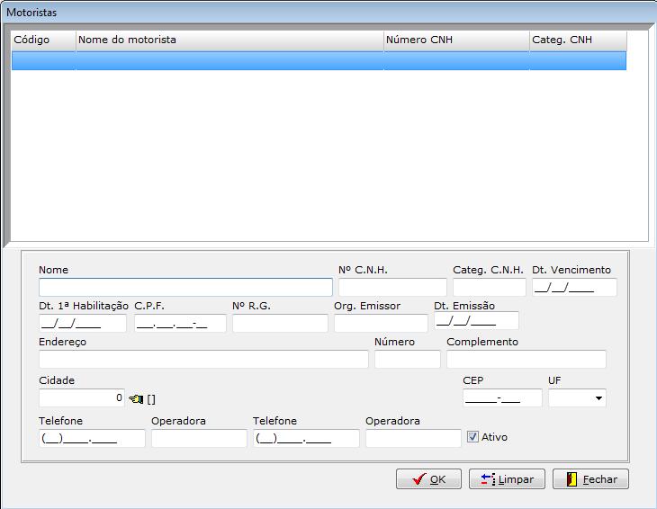 Motoristas da Transportadora O campo Nome deve ser utilizado para informar o nome do motorista que está sendo cadastrado. Em Nº C.N.H.