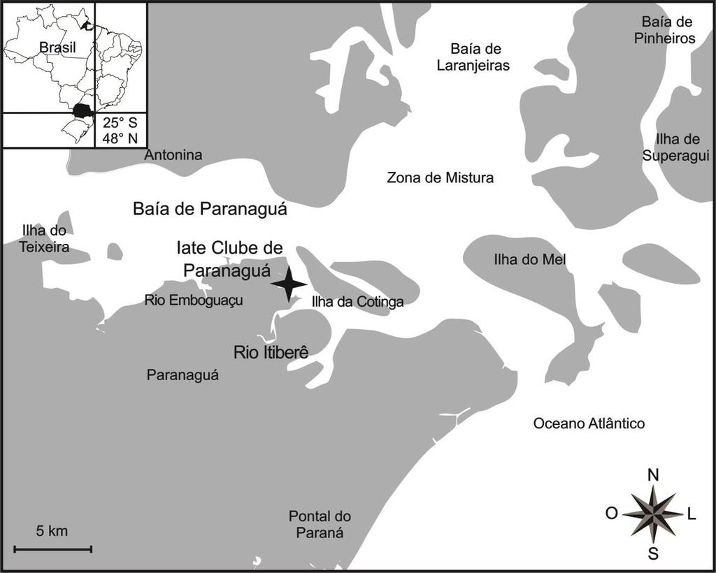 Figura 2. Mapa da Baía de Paranaguá e sua localização no Brasil e no estado do Paraná (área escura). Indicação do Iate Clube de Paranaguá, local de amostragem.