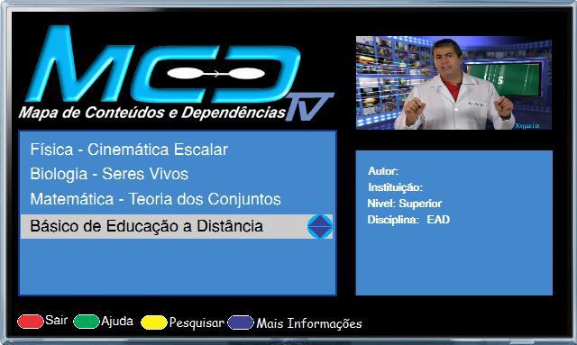 APLICAÇÃO INTERATIVA MCD-TV MCD-TV é uma aplicação Ginga-NCL/Lua desenvolvida para o ambiente de TVDi, que pode ser utilizada em qualquer nível de ensino e tem como base teorias pedagógicas