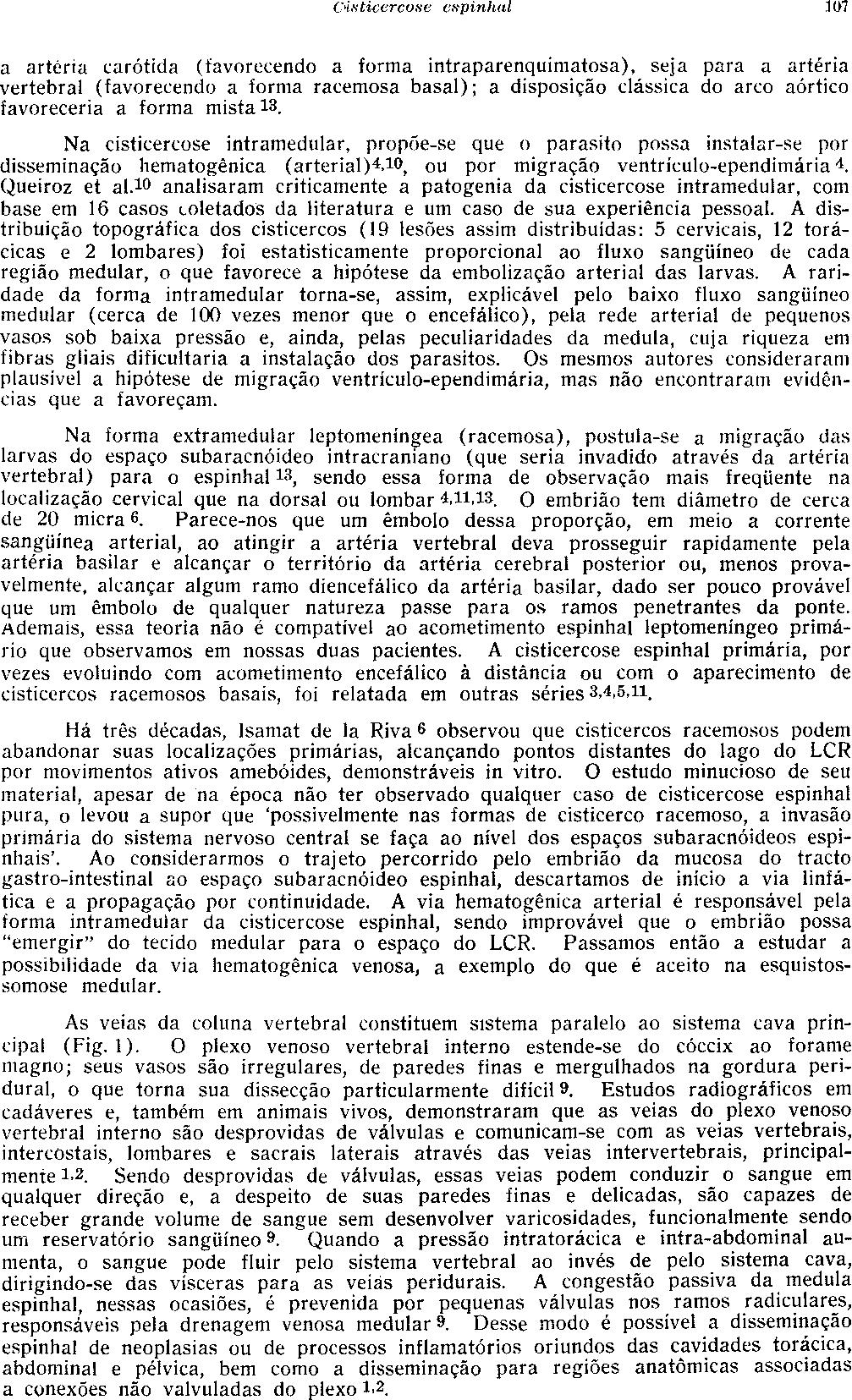 Cisticercose espinhal a artéria carótida (favorecendo a forma intraparenquimatosa), seja para a artéria vertebral (favorecendo a forma racemosa basal); a disposição clássica do arco aórtico