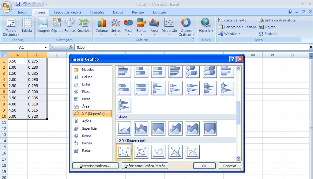 26 Confecção de Gráficos no Microsoft Excel (Versão 2007) 1º Passo: Insira os valores a serem utilizados no gráfico da seguinte maneira: os valores