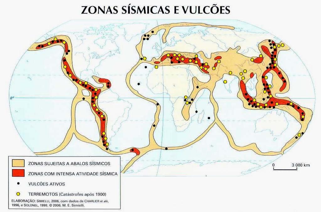 QUESTÃO 35 As figuras abaixo mostram a localização de vários sismos e o arranjo dos continentes sobre as Placas Tectônicas. (SIMIELLI, M. H. Geoatlas. 32.ª ed. São Paulo: Moderna, 2006.