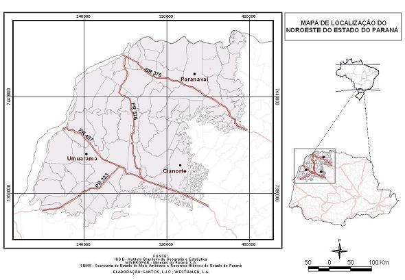 2. PROCEDIMENTOS METODOLÓGICOS Figura 1 Mapa de localização da área de estudo Abrangência do Grupo Caiuá no Estado do Paraná Os materiais utilizados neste trabalho incluem: Dados de sensoriamento