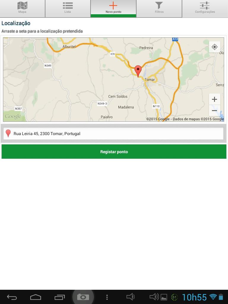 4- Registo de ocorrências - Localização No segundo ecran deverá localizar a ocorrência, podendo fazê-lo das seguintes formas: # Se tiver o GPS ativo, o ponto é marcado na sua posição atual, usando as