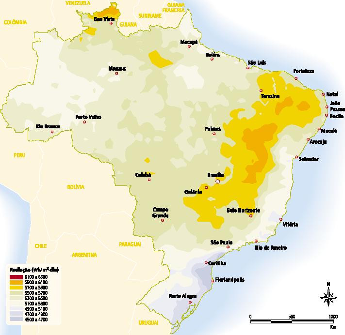 15 Figura 7 - Radiação solar global diária - média anual típica (Wh/m 2.dia). Fonte: Atlas da irradiação solar no Brasil, 1998 (Apud Aneel, 2005).