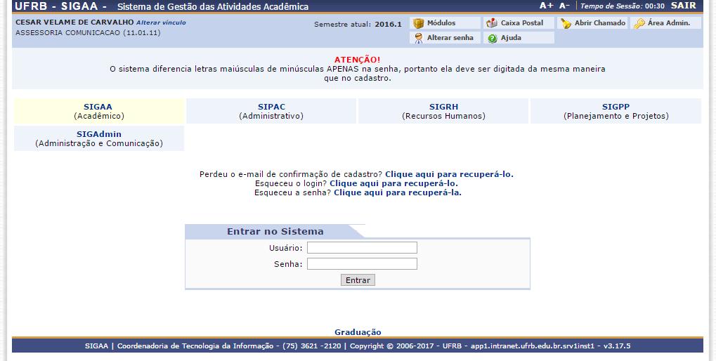 1. Acesso Acesse o endereço sistemas.ufrb.edu.