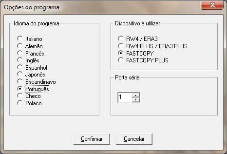 Funções do Programa Função associada aos ícones do programa: Abre o menu para a pré codificação de transponder. Abre o menu opções (escolha do idioma, do dispositivo a utilizar, da porta série).