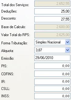 Campos Total da Nota, Dedução, Base de Cálculo, Valor ISSQN e Tributação dos Serviços Campo Total da Nota Este campo será preenchido automaticamente com valor total dos serviços.