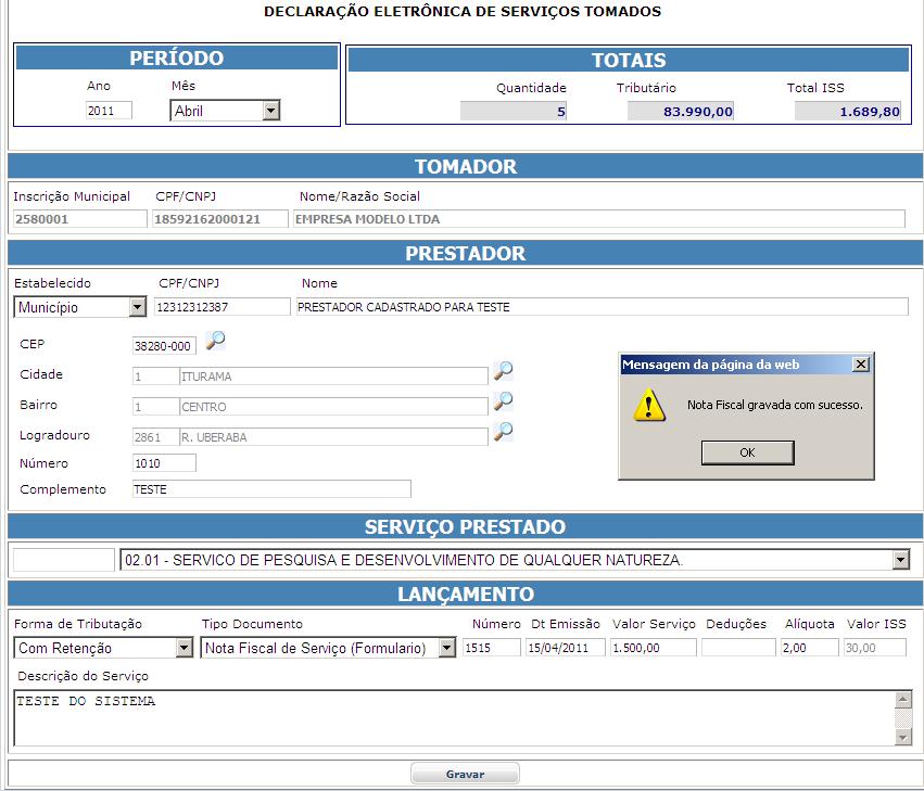 Exemplo de Formulário de nota tomada preenchido: Consultar/Editar Notas