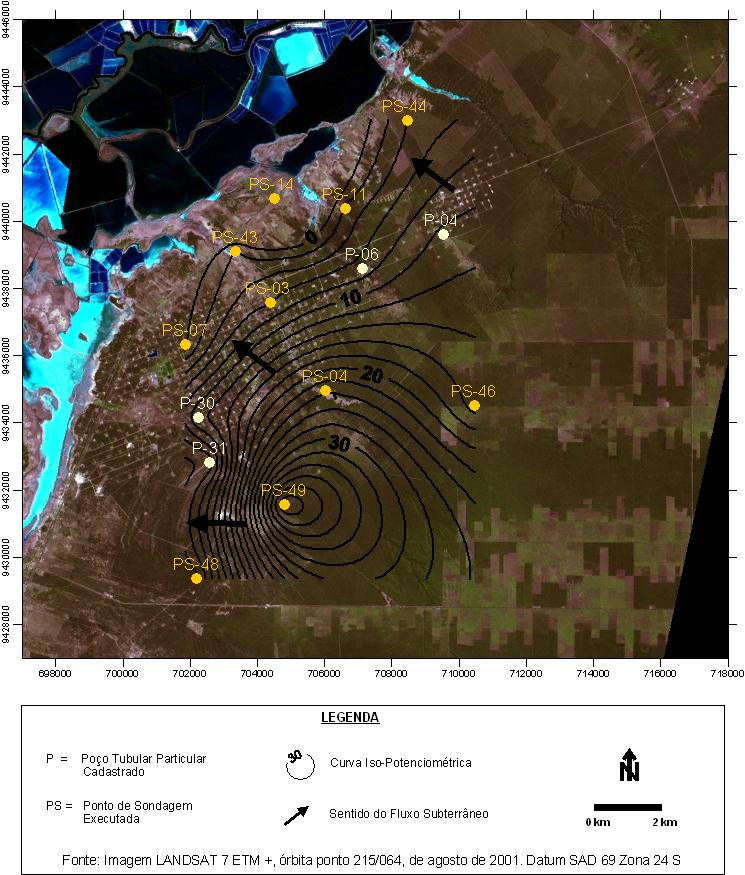 Figura 2 Potenciometria da Área de Canto do Amaro A figura 3 representa o mapa potenciométrico da Área de Estreito, onde o fluxo das águas subterrâneas segue o sentido geral leste, a partir de um