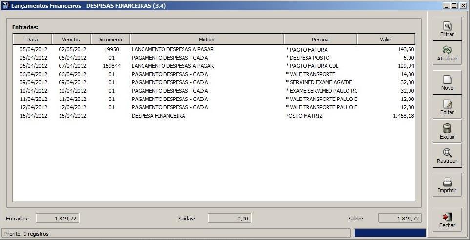 Documento: informar o número do documento; Placa: informar a placa do veículo; Lote: informar o lote; Vencto.