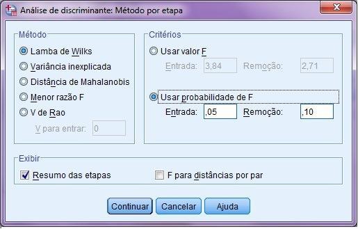 Nesse exemplo, será utilizado o método lambda de Wilks.