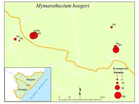 distribuição espacial do parasito Mymarothecium boegeri na região do Baixo São Francisco (Figura 7).
