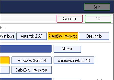 Configurar a Autenticação de Utilizadores 6. Prima [Alterar] para "Nome do servidor". Especifique o nome do servidor para a autenticação externa. 7.