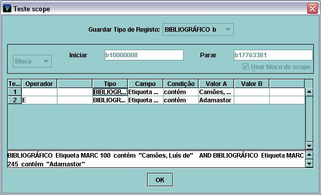 2 Bloco de scope 2.1 não activado Exemplo 5 Esta equação permitirá recuperar os registos com etiqueta 24510 ou 24500 e subcampo athe, a fim de se proceder a uma alteração global.