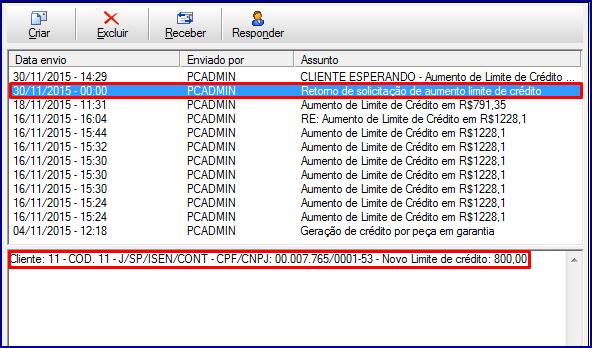 Após realizada liberação do limite de crédito o departamento responsável retornará com mensagem, também através do Menu do WinThor, informando da atualização do mesmo, conforme imagem abaixo: Caso o