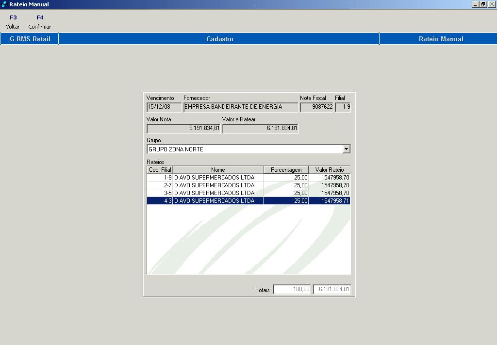 Selecionar o grupo desejado e informar a porcentagem para cada filial do grupo.