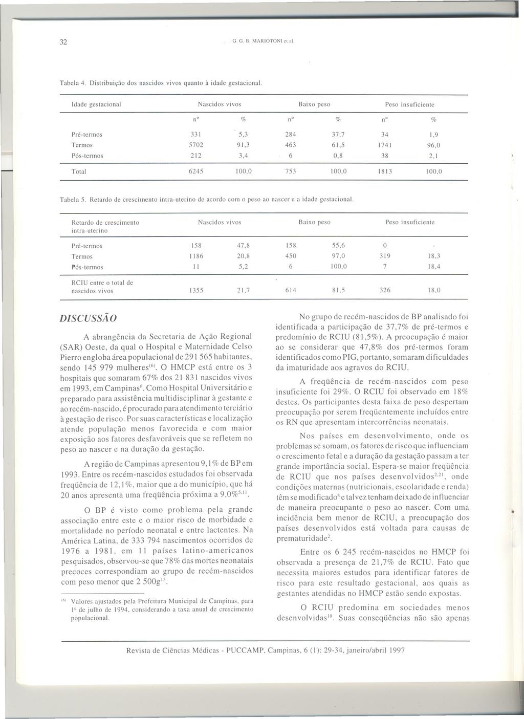 32 G. G. B. MARIOTONI CI"I. Tabela 4. Distribuição dos nascidos vivos quanto à idade gestacional.