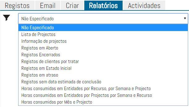 Relatórios Os relatórios permitem aceder a informação formatada sobre os projectos e trabalhos, para visualizar no écran ou para impressão. Para aceder aos relatórios clica se na aba Relatórios.