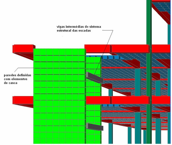 Figura 3.12 Pormenor do modelo estrutural da solução A tipo Shell com os elementos definidos com as suas secções 3.4.3. DISCUSSÃO DOS DOIS MODELOS DE ANÁLISE ESTRUTURAL De seguida irá ser feita uma comparação dos dois modelos utilizados para a análise estrutural.