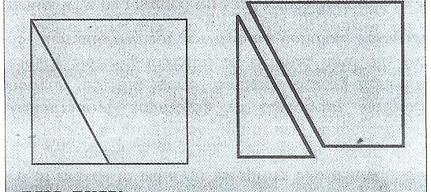 O quadrado seguinte foi cortado em duas figuras por um corte e obteve-se um quadrilátero e um triângulo. Que figuras se obtêm cortando um quadrado com um corte? E fazendo dois cortes?