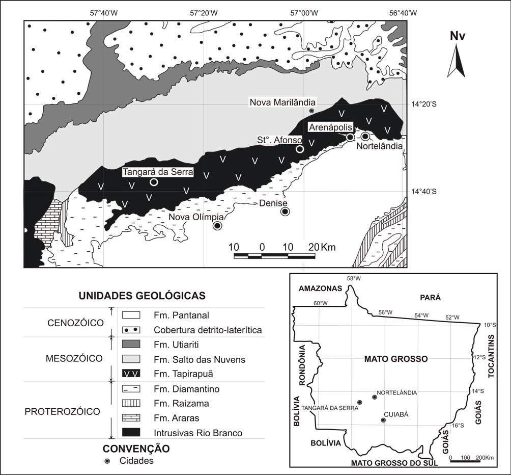 GEOLOGIA E PETROGRAFIA Os basaltos de Tapirapuã aqui estudados afloram nos domínios do Balneário Primavera, cerca de três km da cidade de Tangará da Serra (Fig.