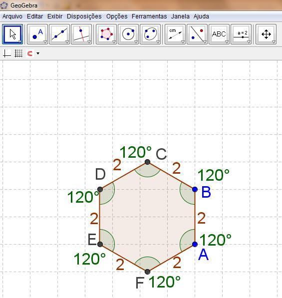 11 7. Clique na ferramenta medidas ; 8. Clique na opção ângulo ; 9. Clique nos vértices AFE do polígono, em seguida nos vértices FED, depois EDC, depois DCB, depois CBA e por último BAF; 10.