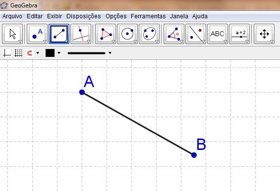 7 3. Clique na ferramenta retas, segmentos, semirretas e vetores ; 4. Selecione a opção segmento definido por dois pontos ; 5. Clique no ponto A e em seguida clique no ponto B.