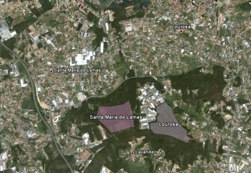 Figura 7 Imagem de satélite de locais identificados na freguesia de Santa Maria de Lamas [06] e de Lourosa [07] [08] PIGEIROS-CALDAS DE S.