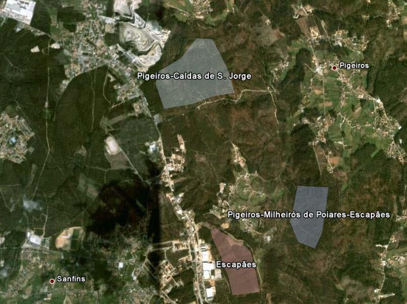 Figura 8 Imagem de satélite de locais identificados nas freguesias de Pigeiros-Caldas de S.
