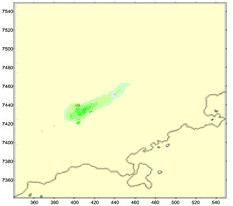 (a) (a) (b) (b) Figura 4: Inverno: Saída do modelo de dispersão de poluentes CALPUFF de concentração de CO com resolução espacial de 1 km para o dia 12 de julho de 2004 às 12 h (a) e 24 h (b).