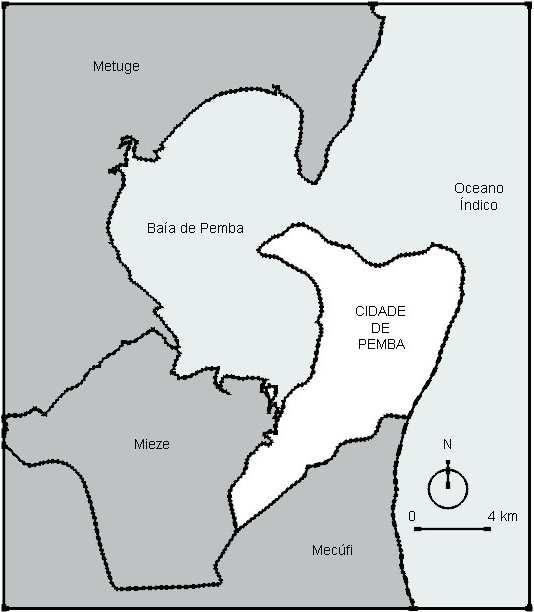 3. CIDADE DE PEMBA Figura 19: Mapa do enquadramento com a baía da cidade de Pemba (Fonte: autor) Para melhor compreender a problemática do planeamento das cidades médias em Moçambique, escolheu-se