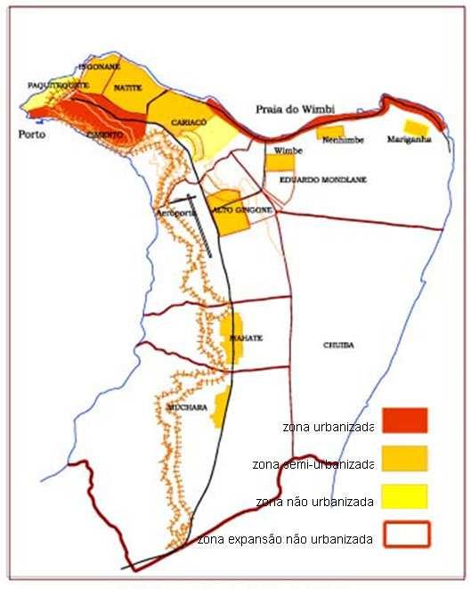 Figura 60: Estudo e caracterização da cidade de Pemba- Tipos de urbanização (Fonte: BATTINO, Liana, Cidade de Pemba Estudo para o planeamento da cidade, 2000) Não se conseguiu obter nem o relatório