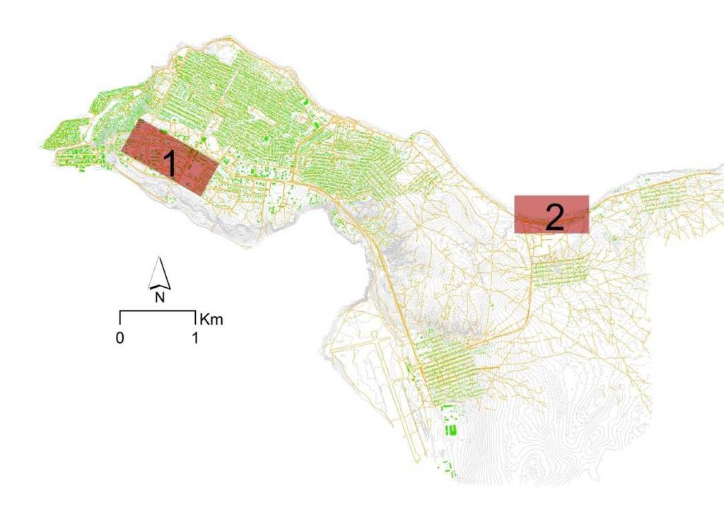 Figura 61: Mapa das principais zonas urbanizadas da cidade de Pemba (Fonte: autor) 1-zona de cimento; 2- praia de Wimbe Nos três planos formais elaborados recentemente para a cidade de Pemba (Wimbe