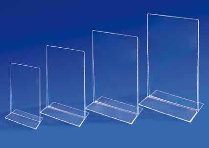 Menükartenhalter T-Form. Material: 2mm Acrylglas, Farbe: glasklar. Format: DIN A3, A4, A5 und A6. 13.069 A3 Pack 10 Uni. 13.02 A4 Pack 10 Uni. 13.028 A5 Pack 10 Uni. 13.068 A6 Pack 10 Uni.