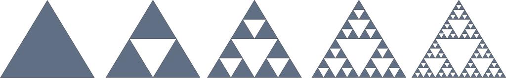 8 Fractais Figura 2.4: Construção do Triângulo de Sierpinski por retirada por partes que podem ser deformadas em abertos de R 2. Logo, sua dimensão é 2.