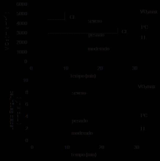 5 Por sua vez, o exercício severo (realizado acima da PC) é o único caracterizado pela não estabilização do O 2, que aumenta progressivamente até atingir o O 2 max, podendo ser tolerado por