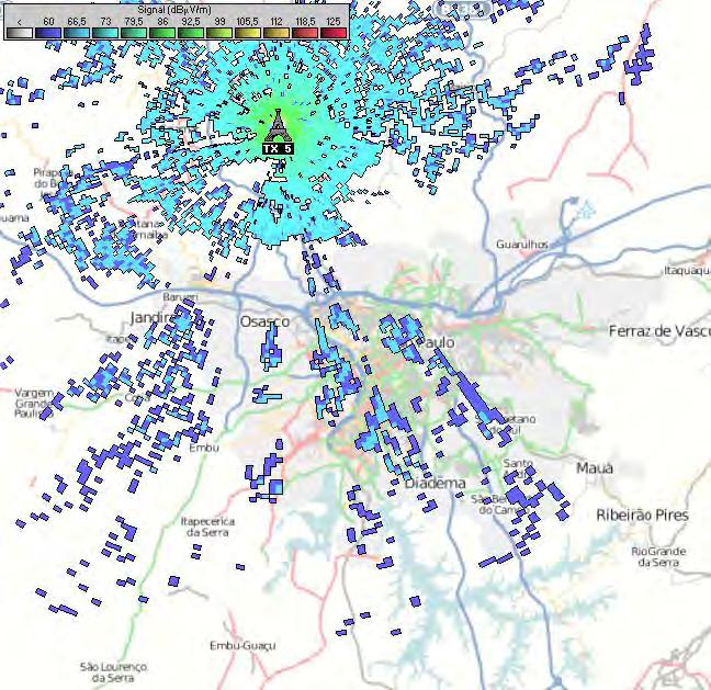 69 Figura 39 Cobertura do transmissor 5 (autoria própria) 6.6.6 Características do transmissor 6 (TX 6) O transmissor 6 está localizado na cidade de Mairiporã com altitude de 1055 metros acima do nível do mar.