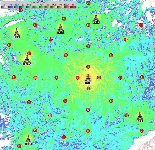 74 Figura 44 Mapa da cobertura SFN os pontos de medida (autoria própria) A Tabela 12 mostra a potência, EIRP e altura da antena de cada transmissor da rede.