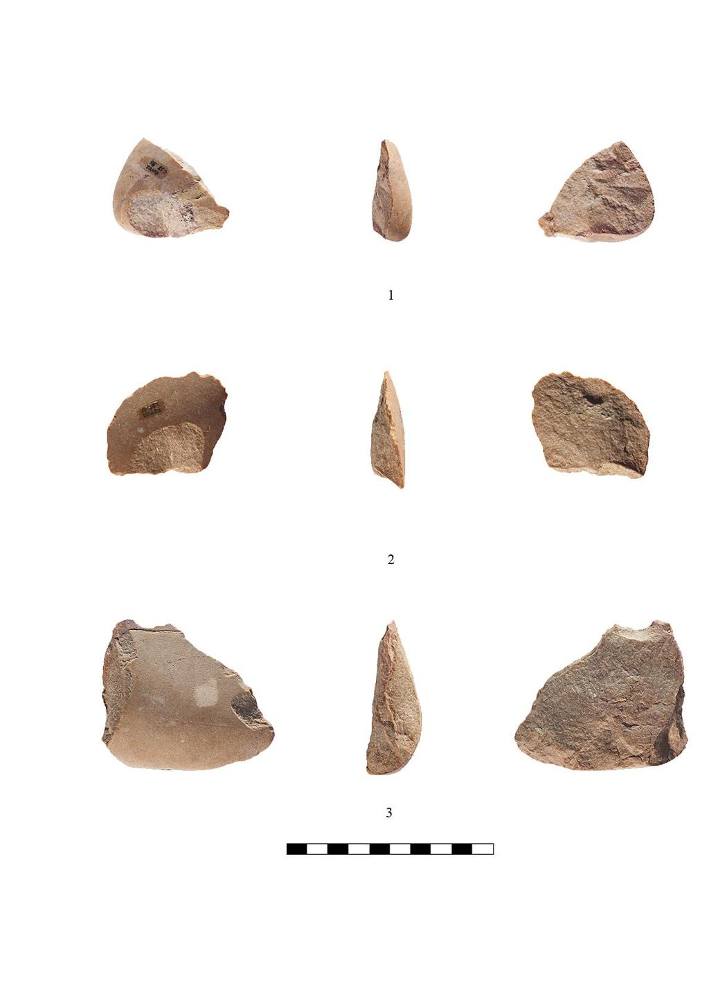 Figura 34: Artefactos da camada C1b 1. Lasca semi-cortical; 2.